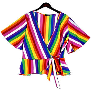 Cha Cha Vente Rainbow Stripe Wrap Blouse Tie Front Top Short Sleeve Size XL